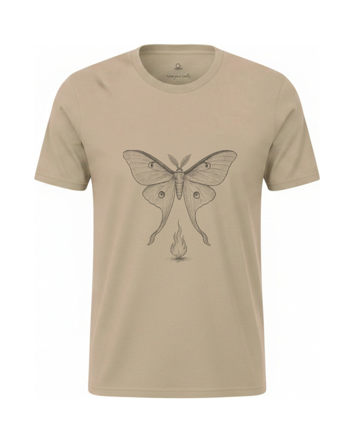 Son of Nature Noches del Fuego luna moth tee in Khaki, charcoal design printed on the chest, ghost-mannequin product photo on white