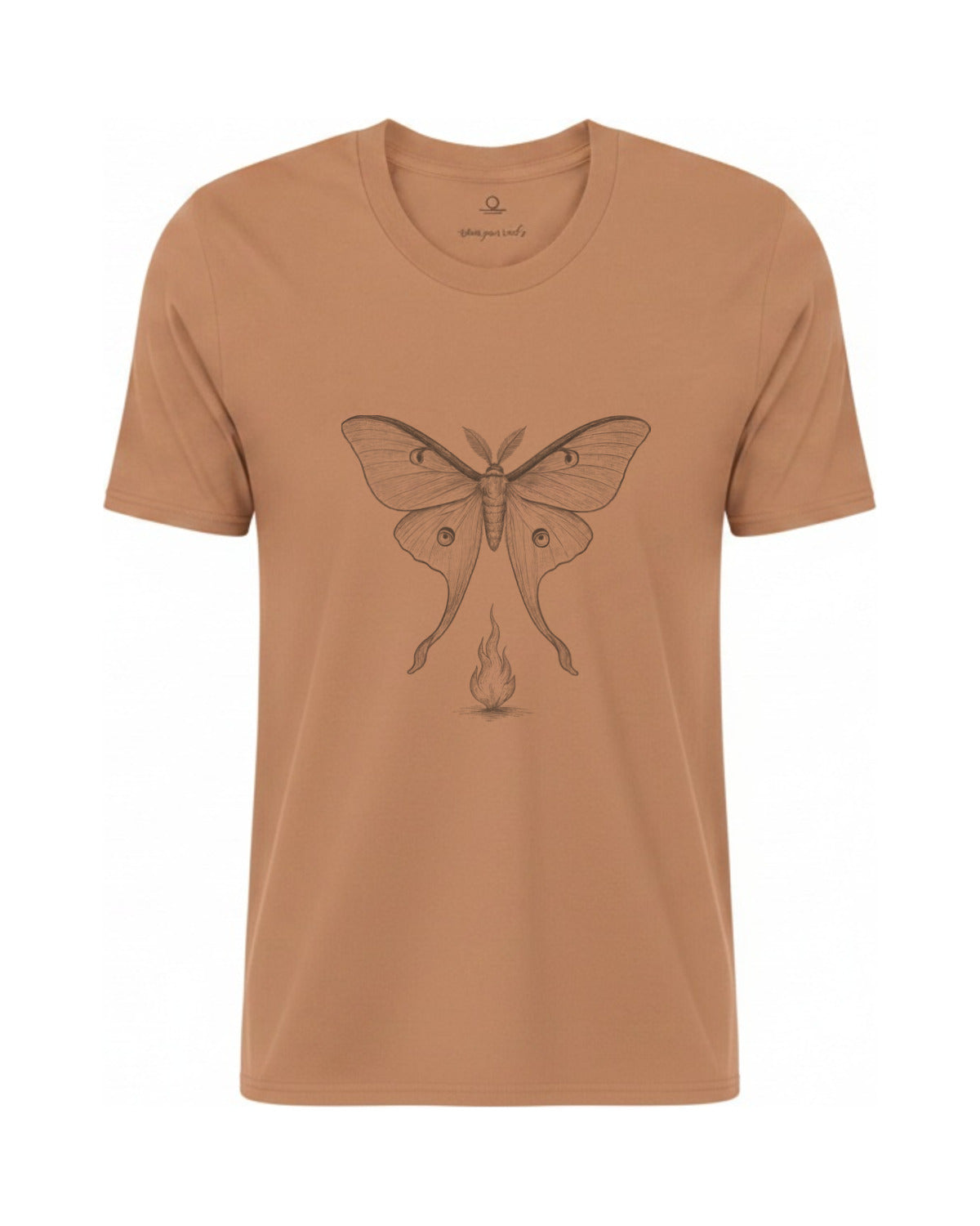 Son of Nature Noches del Fuego luna moth tee in Sandstone, charcoal design printed on the chest, ghost-mannequin product photo on white