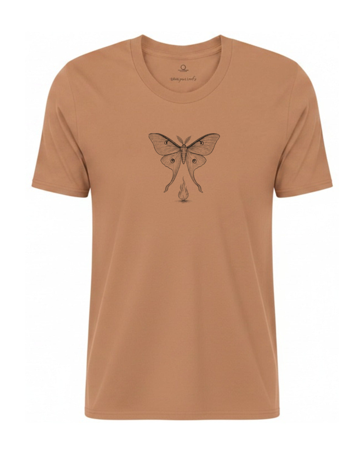 Son of Nature Noches del Fuego luna moth tee in Sandstone, charcoal design printed on the chest, ghost-mannequin product photo on white