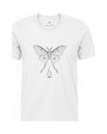 Son of Nature Noches del Fuego luna moth tee in White, charcoal design printed on the chest, ghost-mannequin product photo on white