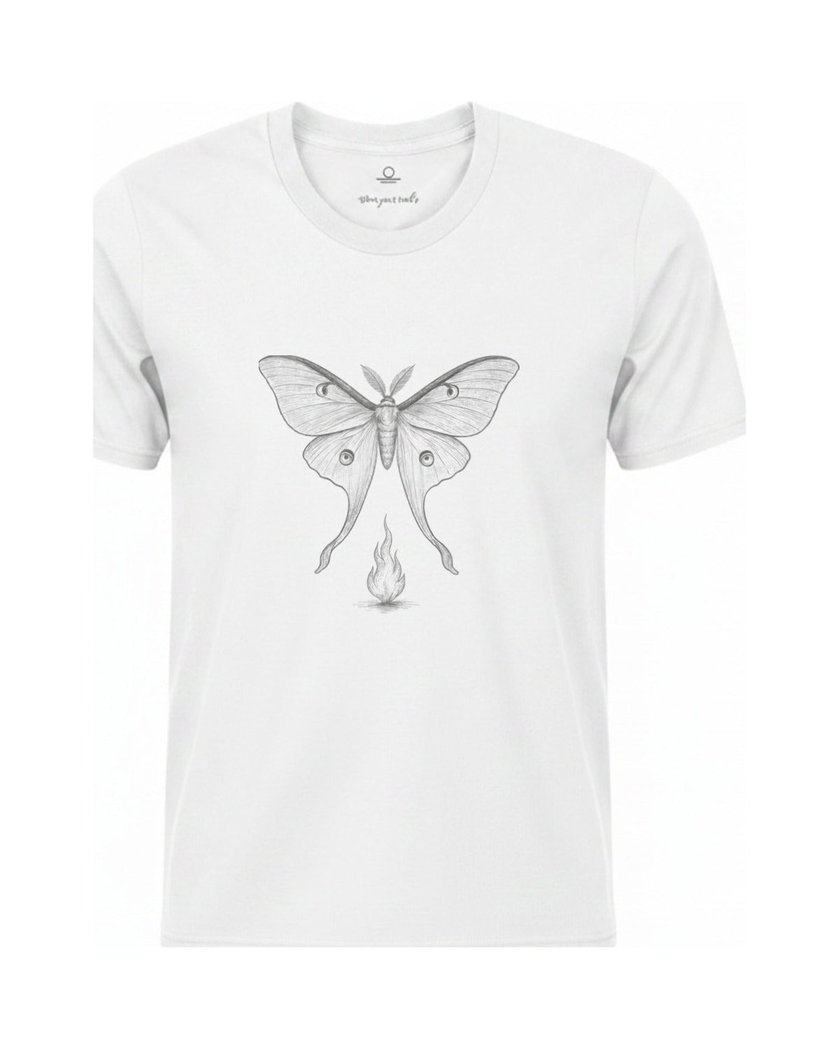 Son of Nature Noches del Fuego luna moth tee in White, charcoal design printed on the chest, ghost-mannequin product photo on white