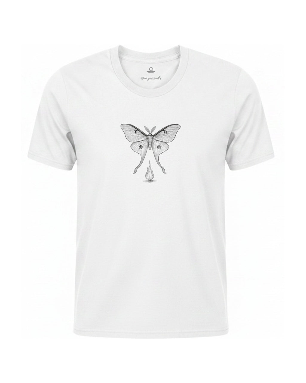 Son of Nature Noches del Fuego luna moth tee in White, charcoal design printed on the chest, ghost-mannequin product photo on white