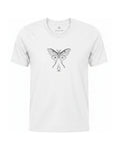 Son of Nature Noches del Fuego luna moth tee in White, charcoal design printed on the chest, ghost-mannequin product photo on white