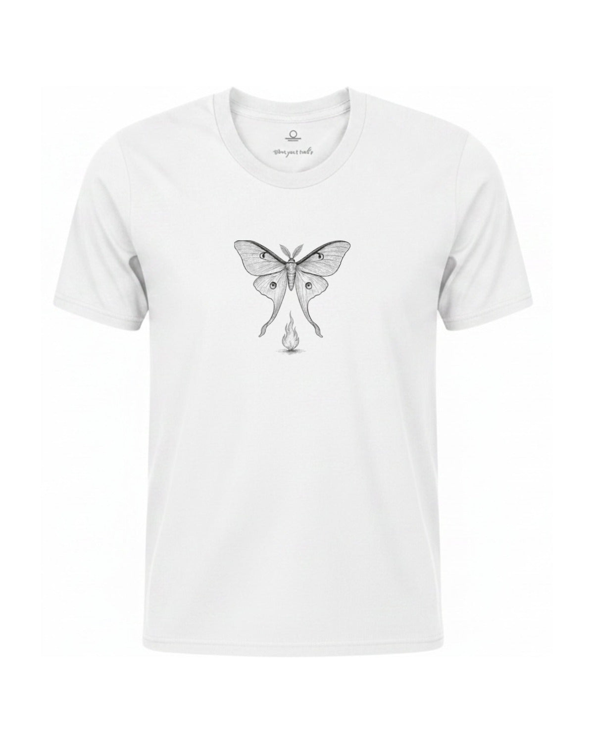Son of Nature Noches del Fuego luna moth tee in White, charcoal design printed on the chest, ghost-mannequin product photo on white