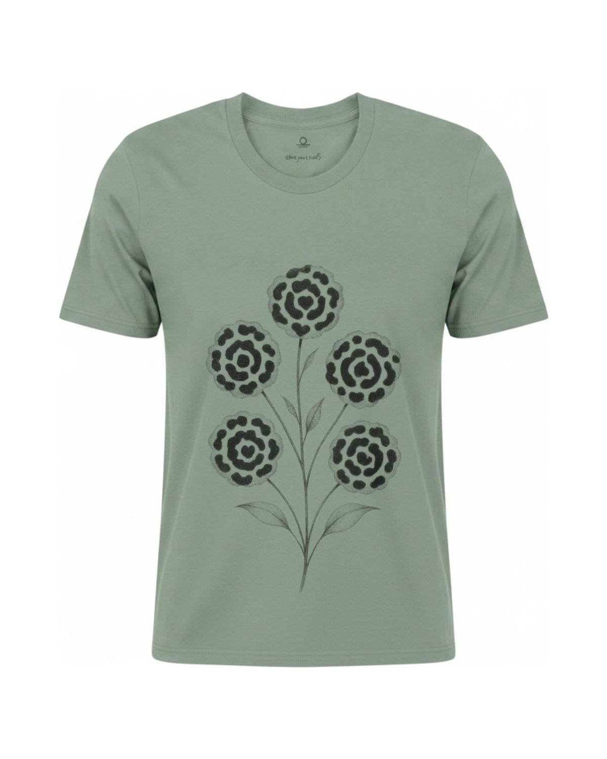 Son of Nature Rosetas jaguar-rosette tee in Bay sage green, charcoal design printed on the chest, ghost-mannequin product photo on white