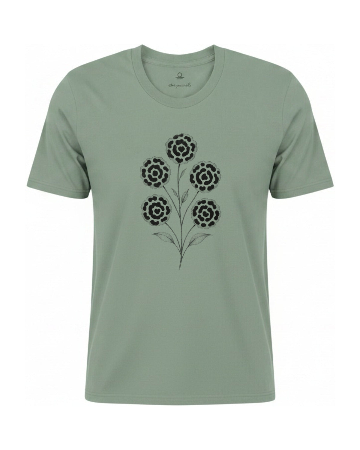 Son of Nature Rosetas jaguar-rosette tee in Bay sage green, charcoal design printed on the chest, ghost-mannequin product photo on white