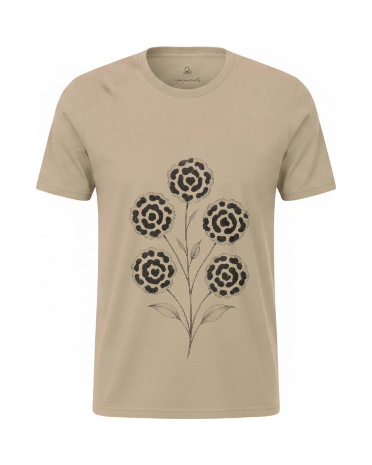 Son of Nature Rosetas jaguar-rosette tee in Khaki, charcoal design printed on the chest, ghost-mannequin product photo on white