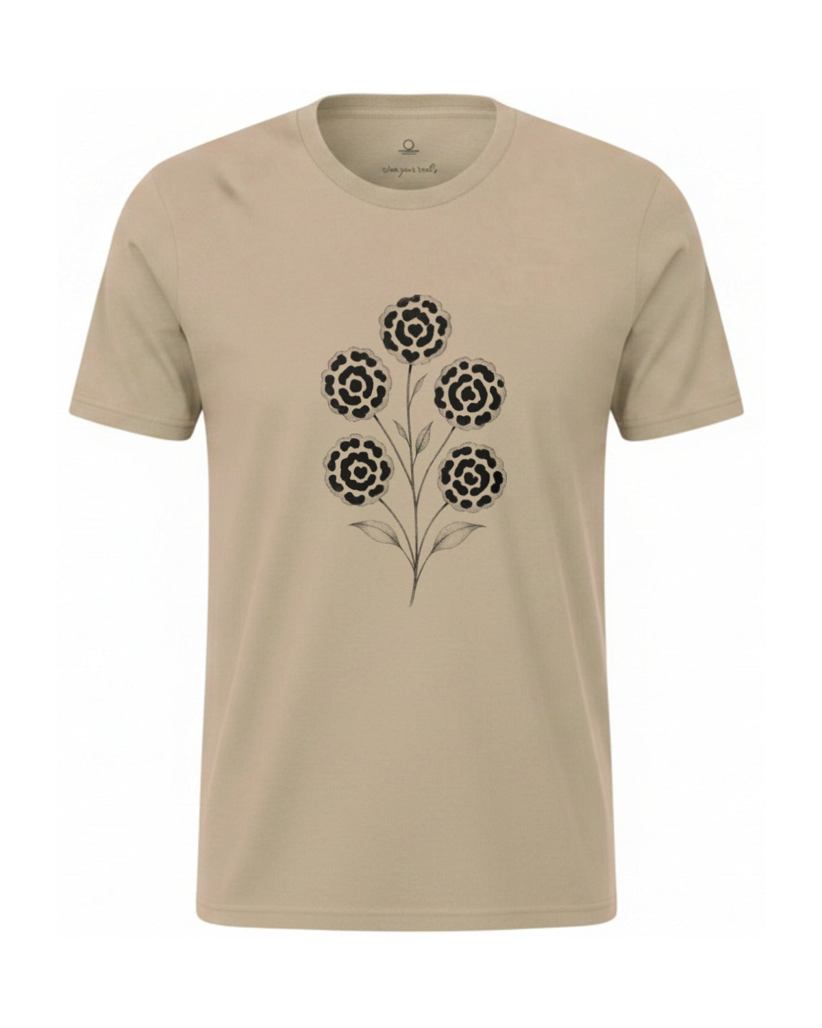 Son of Nature Rosetas jaguar-rosette tee in Khaki, charcoal design printed on the chest, ghost-mannequin product photo on white