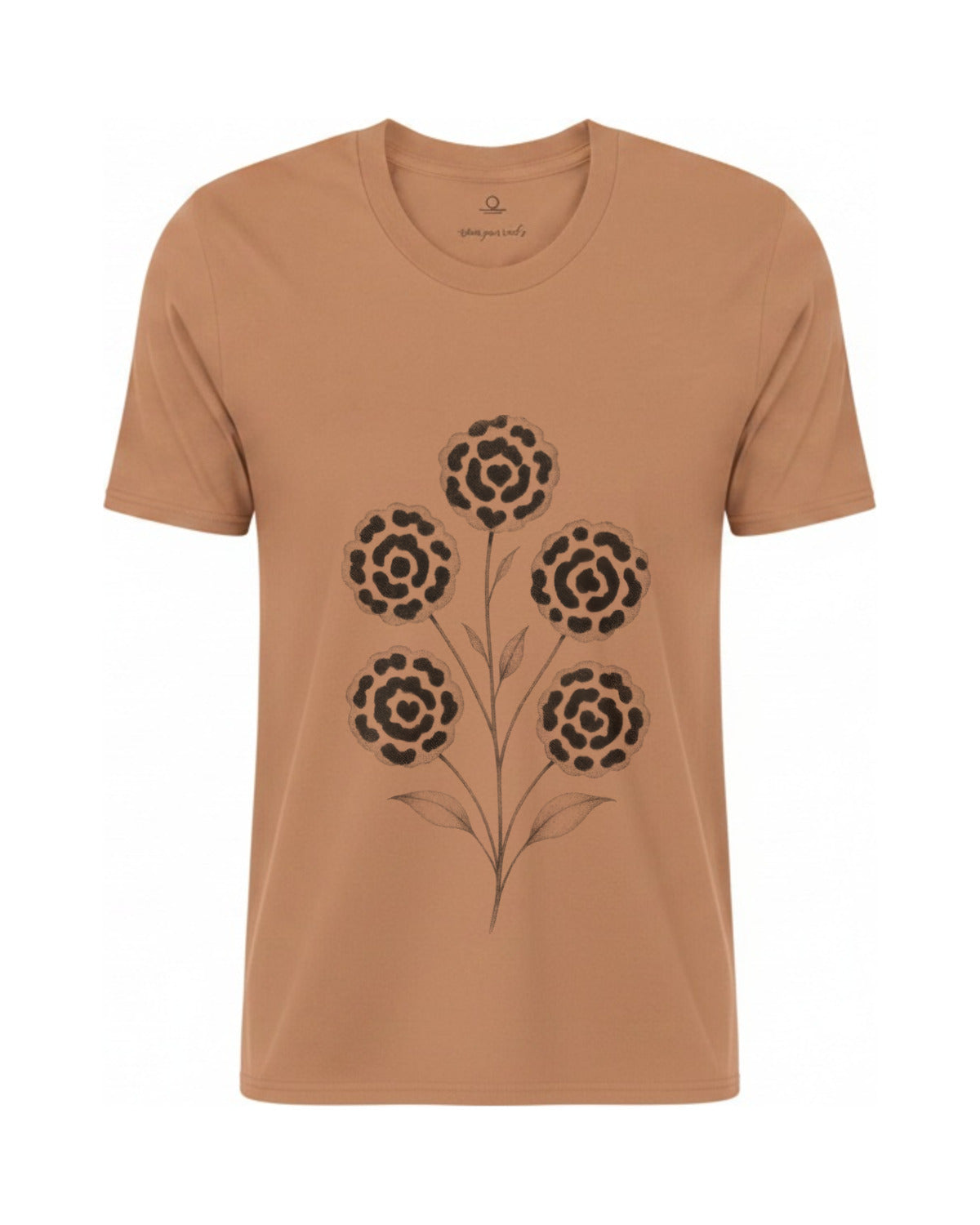 Son of Nature Rosetas jaguar-rosette tee in Sandstone, charcoal design printed on the chest, ghost-mannequin product photo on white