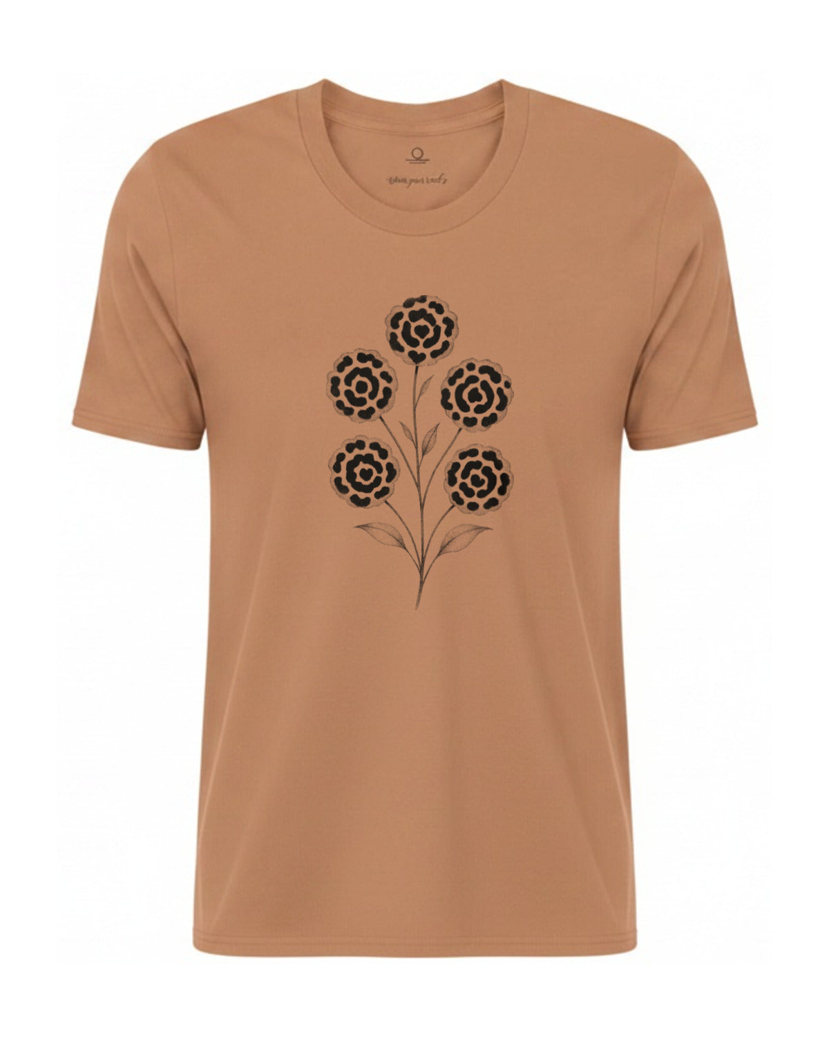 Son of Nature Rosetas jaguar-rosette tee in Sandstone, charcoal design printed on the chest, ghost-mannequin product photo on white