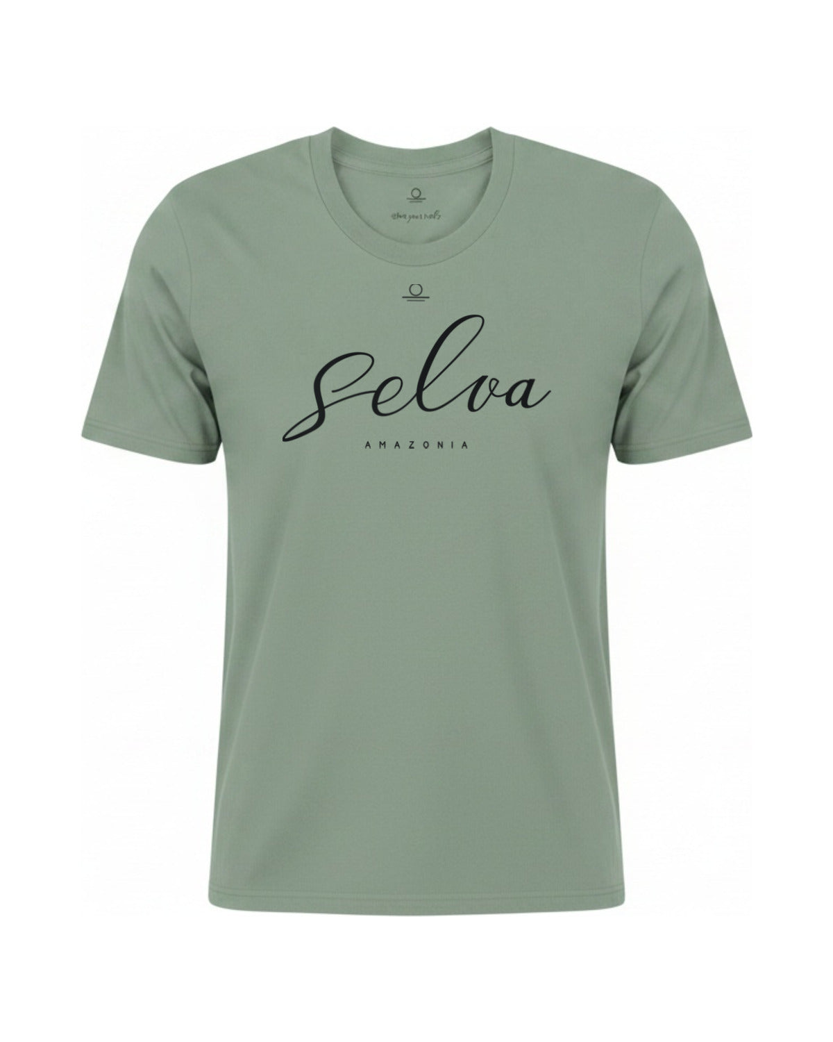 Son of Nature Selva signature tee in Bay sage green, charcoal design printed on the chest, ghost-mannequin product photo on white