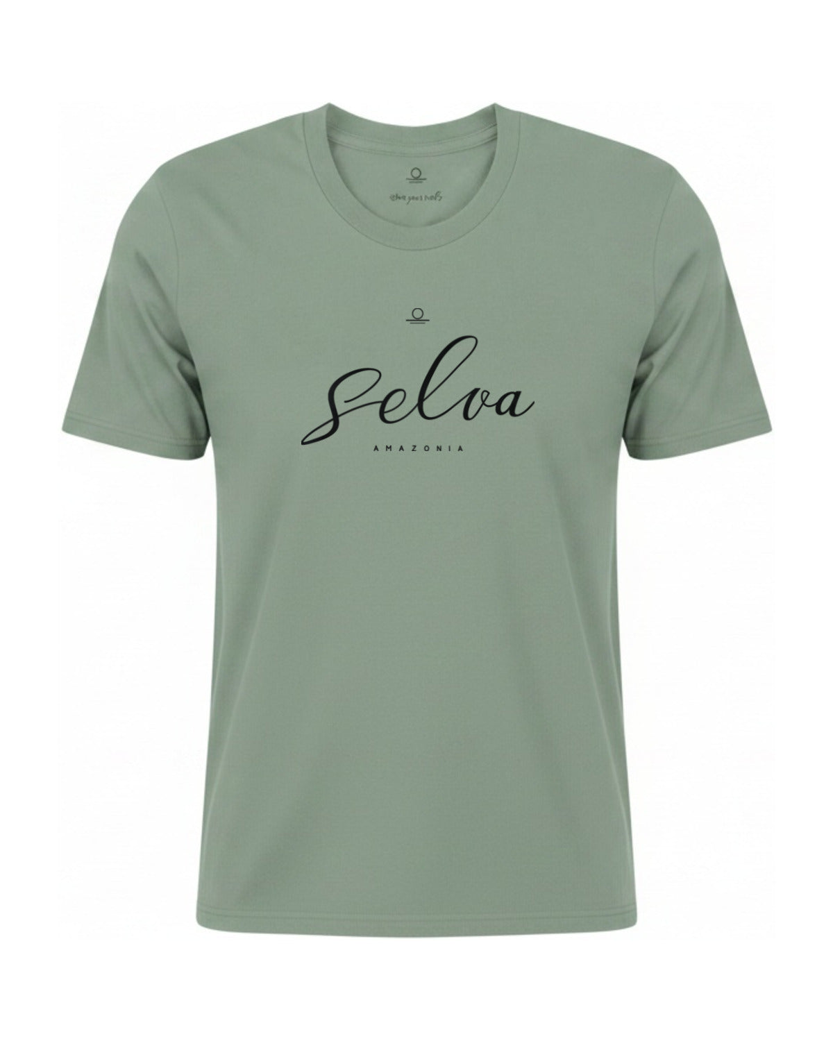 Son of Nature Selva signature tee in Bay sage green, charcoal design printed on the chest, ghost-mannequin product photo on white