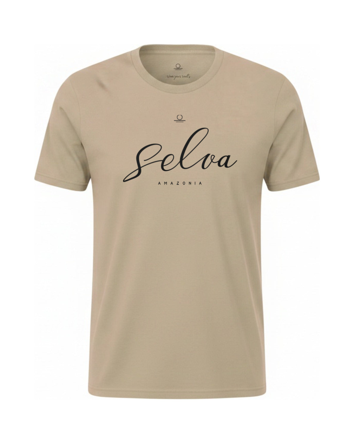 Son of Nature Selva signature tee in Khaki, charcoal design printed on the chest, ghost-mannequin product photo on white