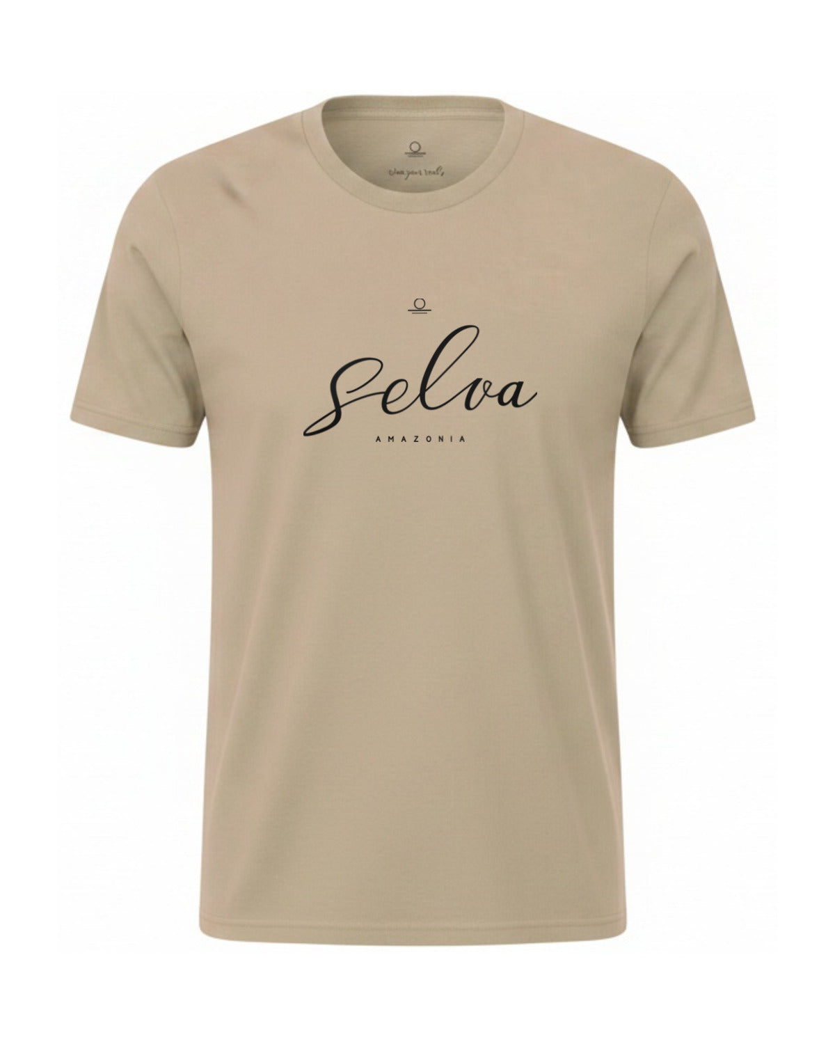 Son of Nature Selva signature tee in Khaki, charcoal design printed on the chest, ghost-mannequin product photo on white