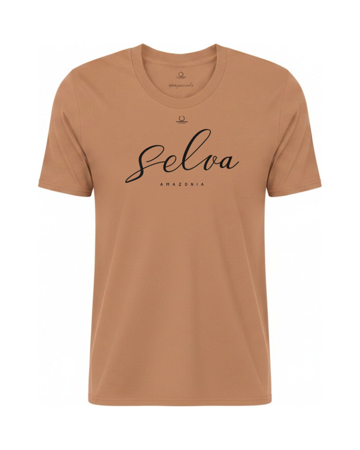 Son of Nature Selva signature tee in Sandstone, charcoal design printed on the chest, ghost-mannequin product photo on white
