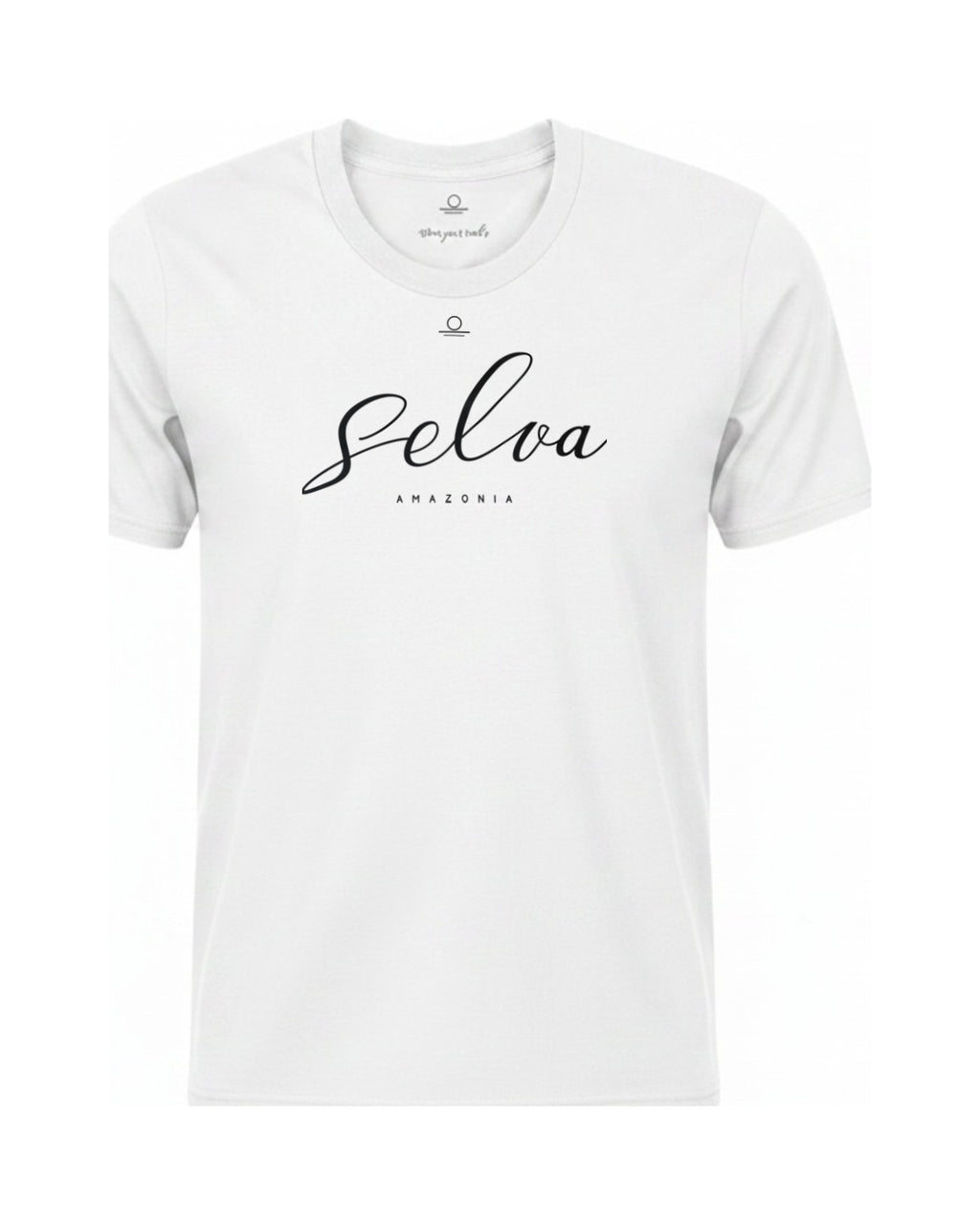 Son of Nature Selva signature tee in White, charcoal design printed on the chest, ghost-mannequin product photo on white