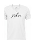 Son of Nature Selva signature tee in White, charcoal design printed on the chest, ghost-mannequin product photo on white