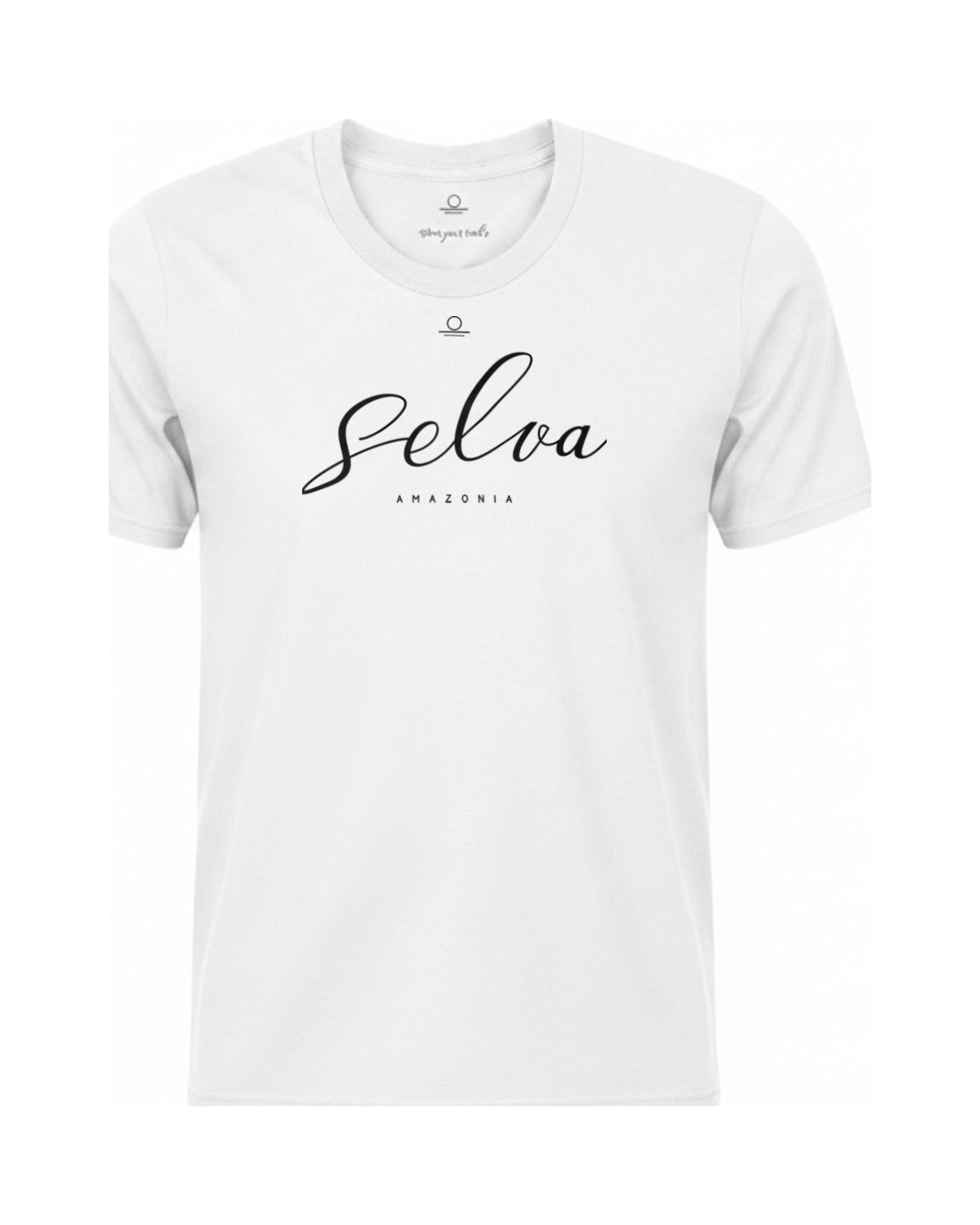 Son of Nature Selva signature tee in White, charcoal design printed on the chest, ghost-mannequin product photo on white