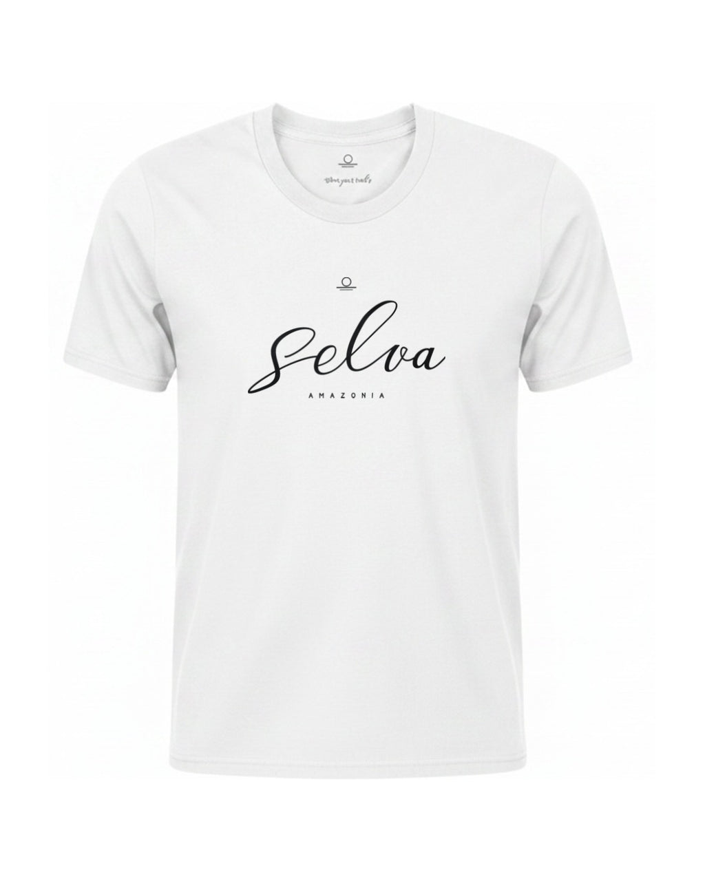 Son of Nature Selva signature tee in White, charcoal design printed on the chest, ghost-mannequin product photo on white