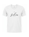 Son of Nature Selva signature tee in White, charcoal design printed on the chest, ghost-mannequin product photo on white