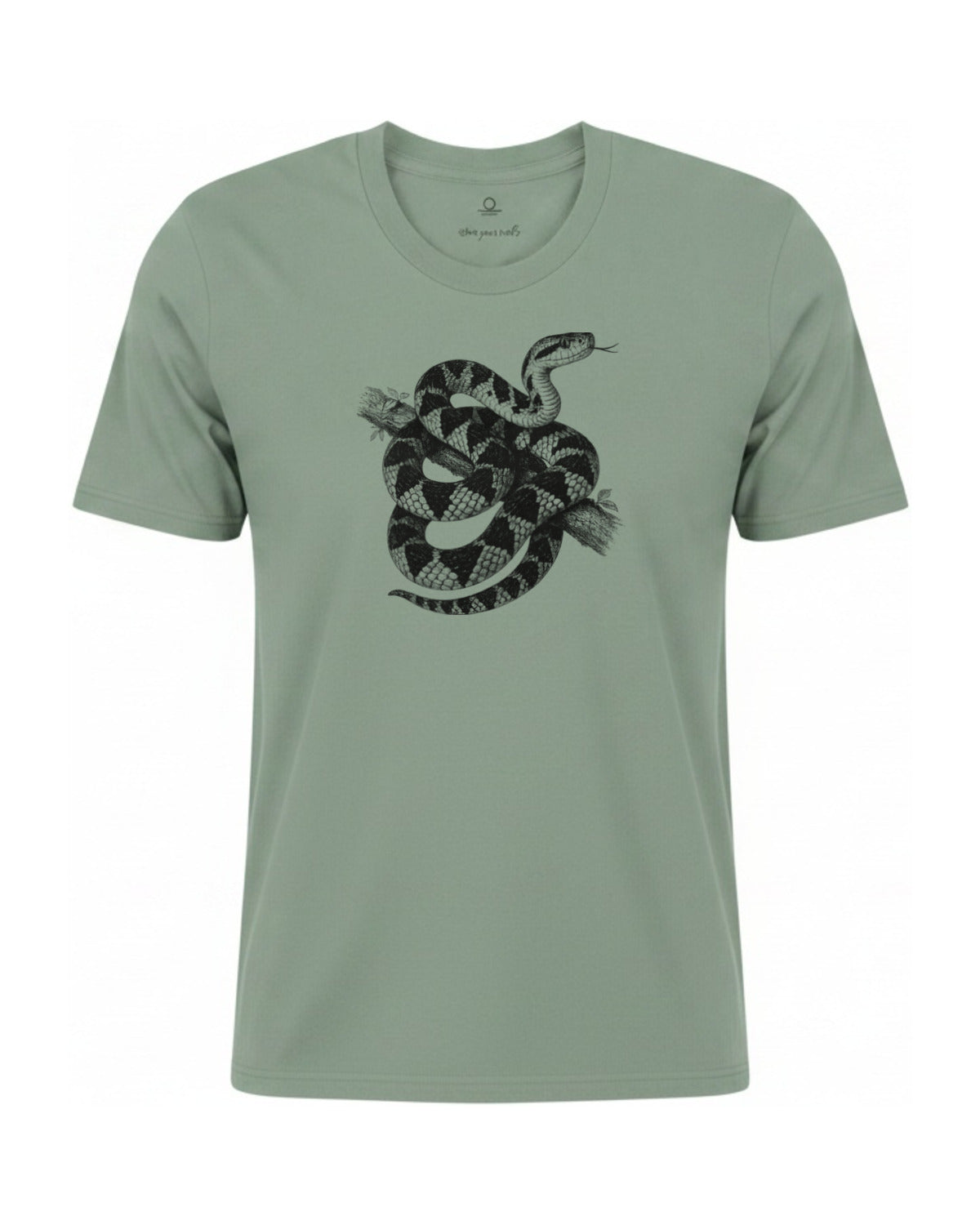 Surucucu bushmaster coiled on a branch, charcoal print on a Bay garment-dyed Comfort Colors tee