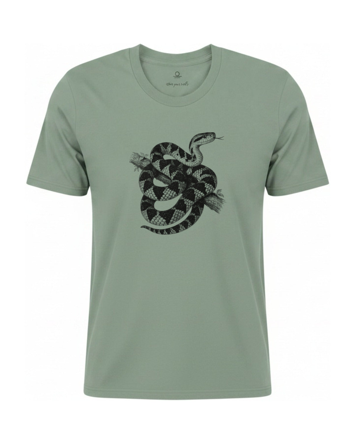 Surucucu bushmaster coiled on a branch, charcoal print on a Bay garment-dyed Comfort Colors tee