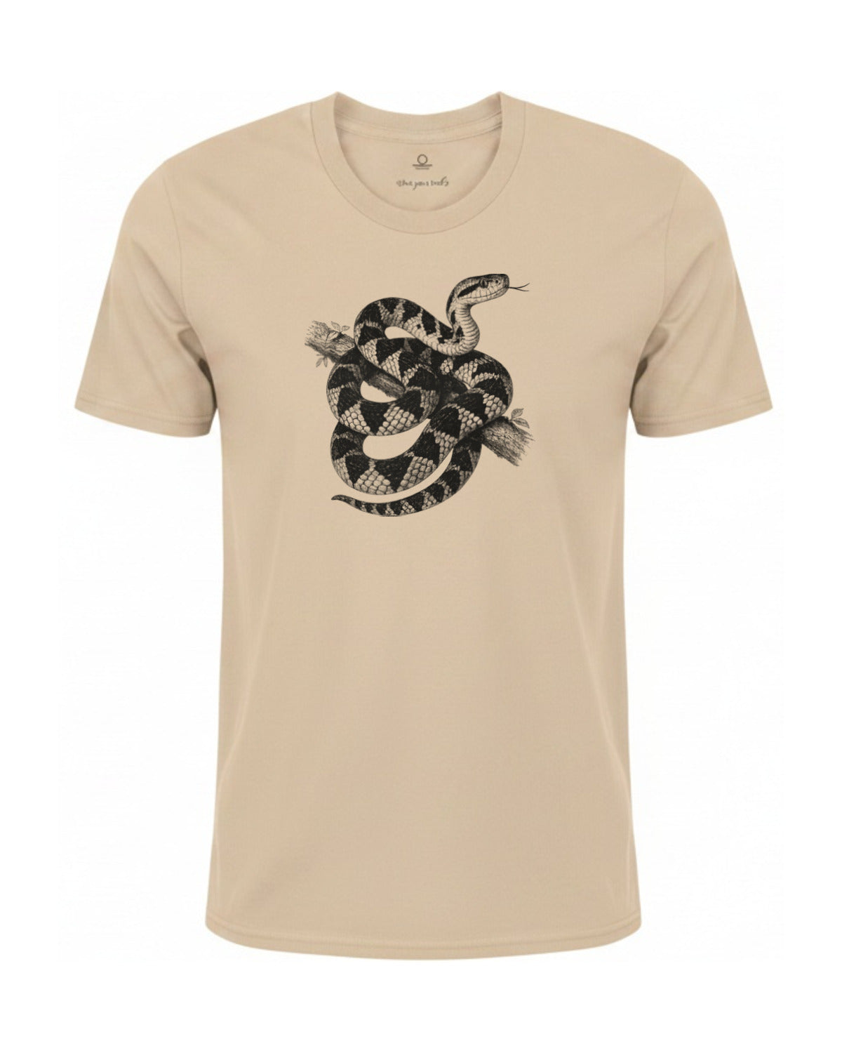 Surucucu bushmaster coiled on a branch, charcoal print on a Ivory garment-dyed Comfort Colors tee