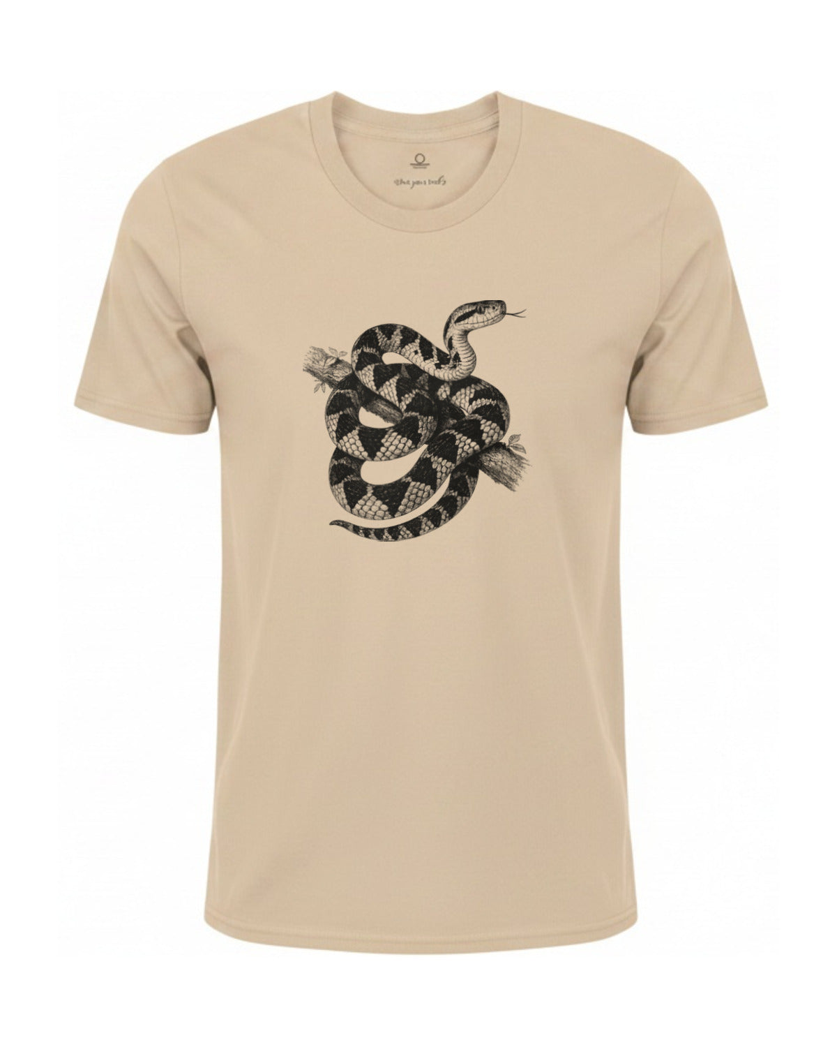 Surucucu bushmaster coiled on a branch, charcoal print on a Ivory garment-dyed Comfort Colors tee
