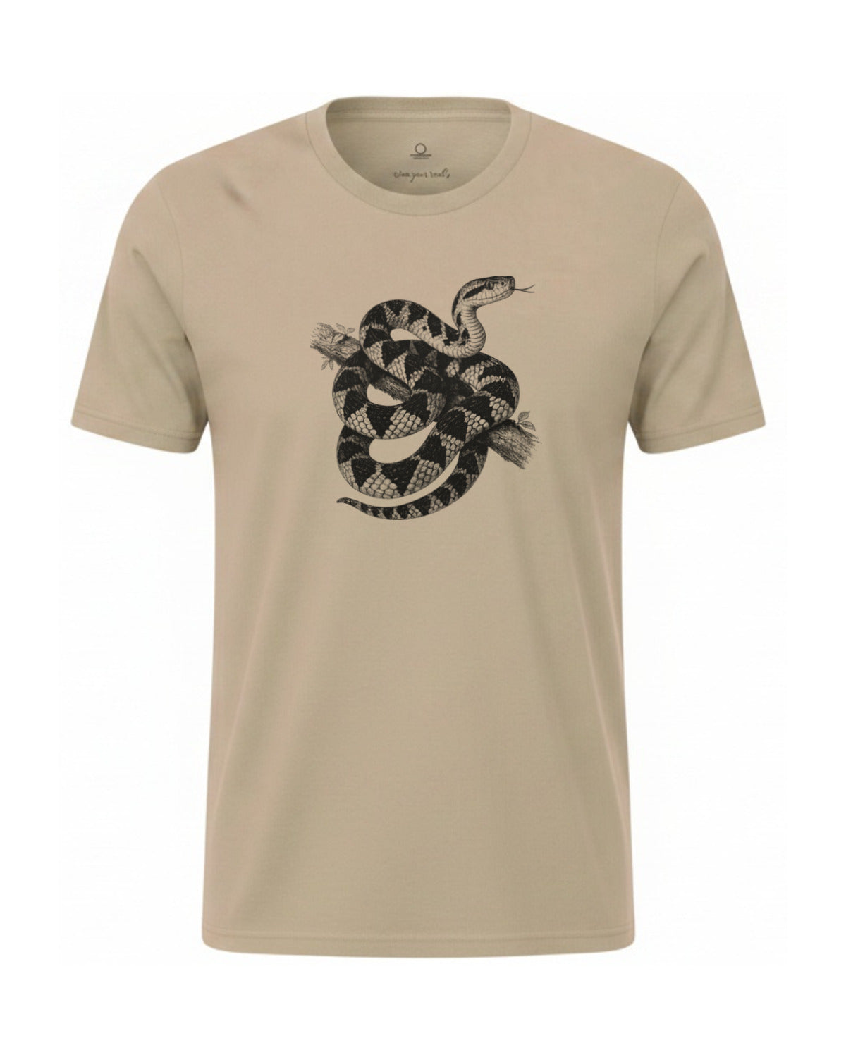 Surucucu bushmaster coiled on a branch, charcoal print on a Khaki garment-dyed Comfort Colors tee