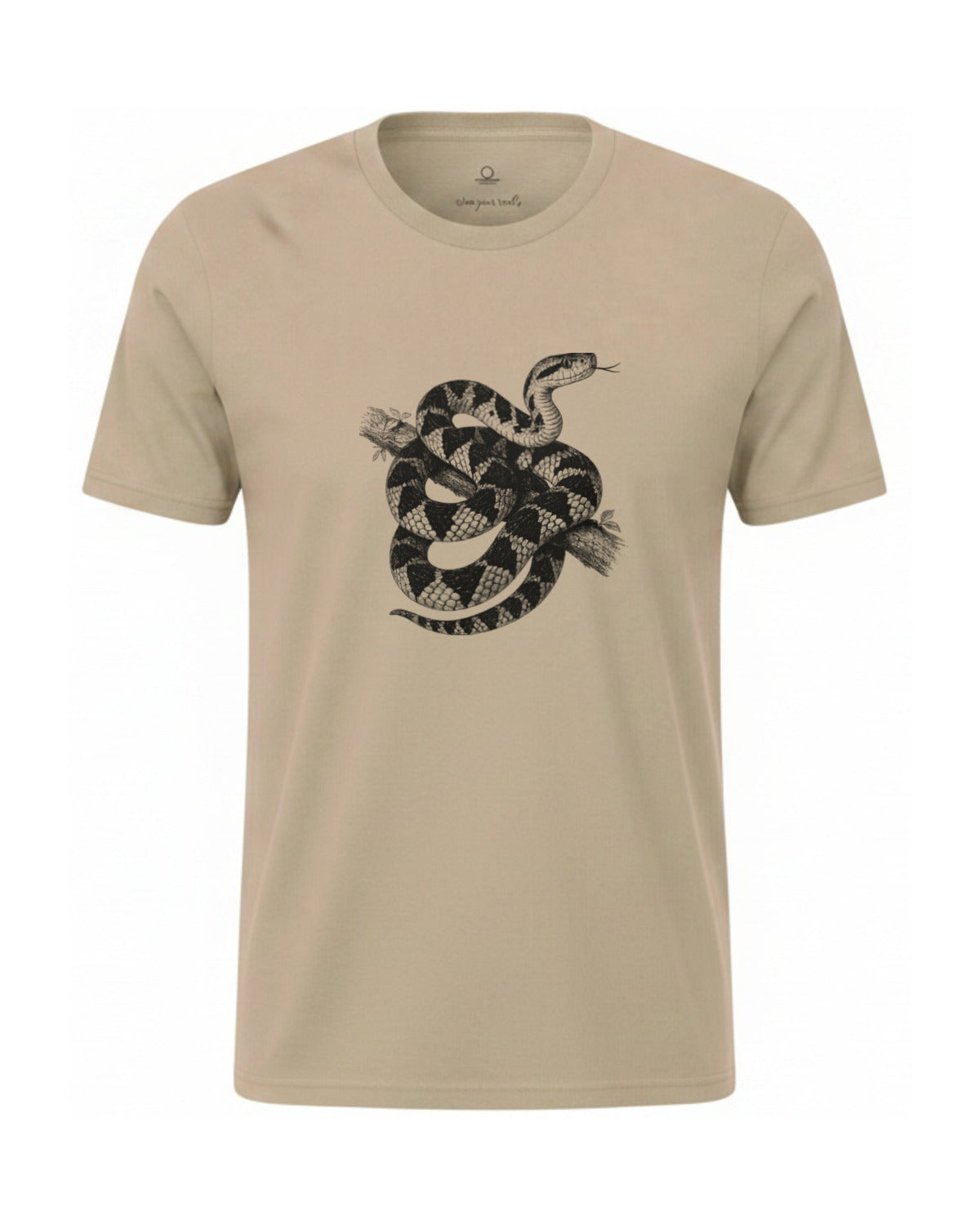 Surucucu bushmaster coiled on a branch, charcoal print on a Khaki garment-dyed Comfort Colors tee