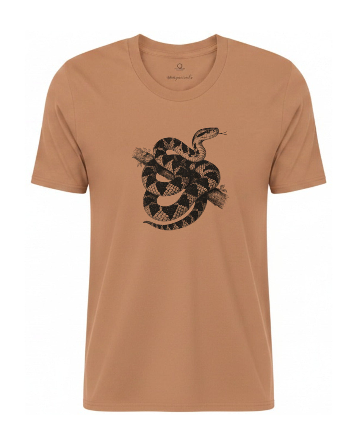 Surucucu bushmaster coiled on a branch, charcoal print on a Sandstone garment-dyed Comfort Colors tee