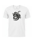 Surucucu bushmaster coiled on a branch, charcoal print on a White garment-dyed Comfort Colors tee