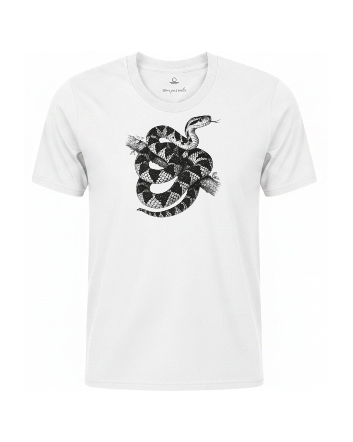 Surucucu bushmaster coiled on a branch, charcoal print on a White garment-dyed Comfort Colors tee