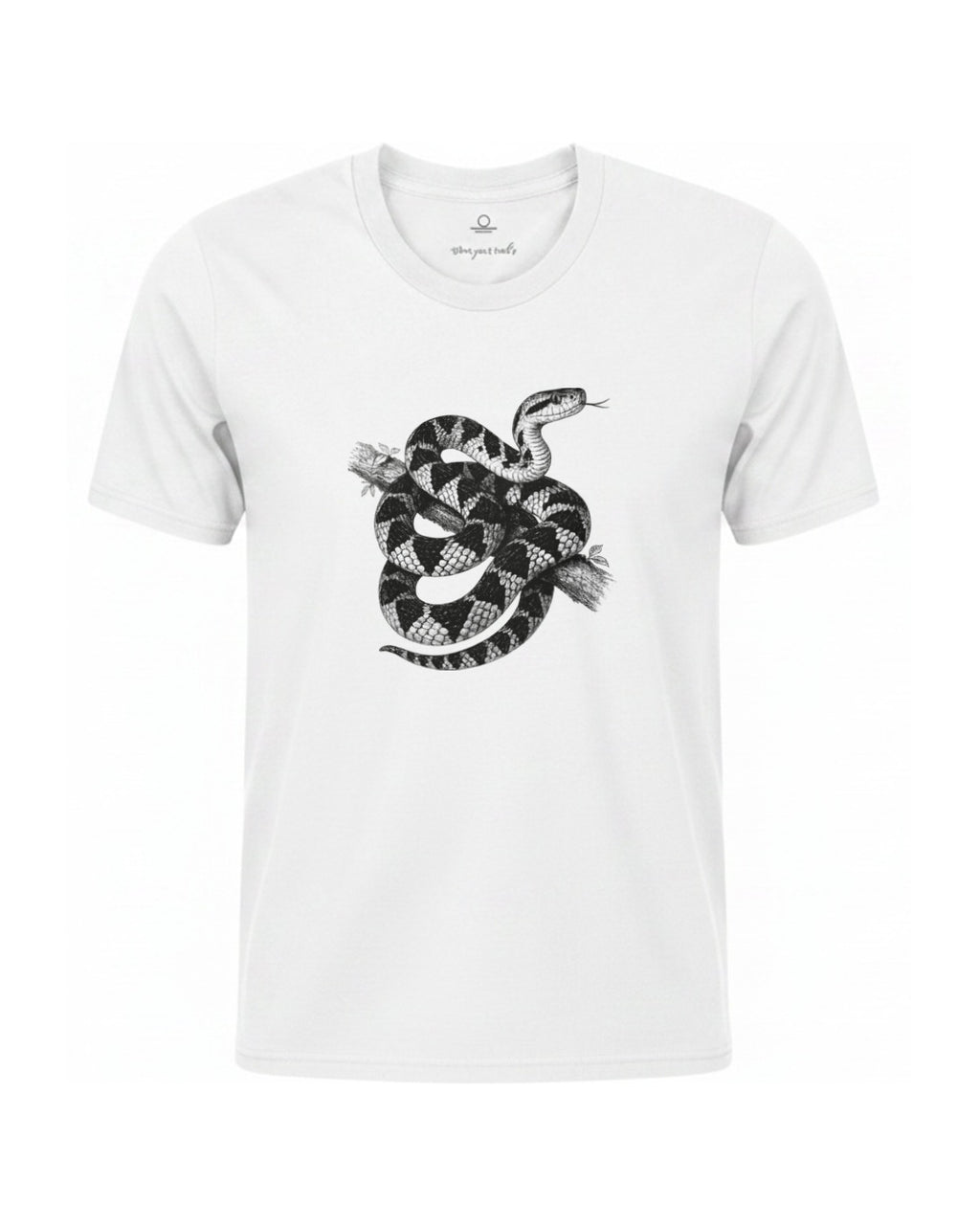Surucucu bushmaster coiled on a branch, charcoal print on a White garment-dyed Comfort Colors tee