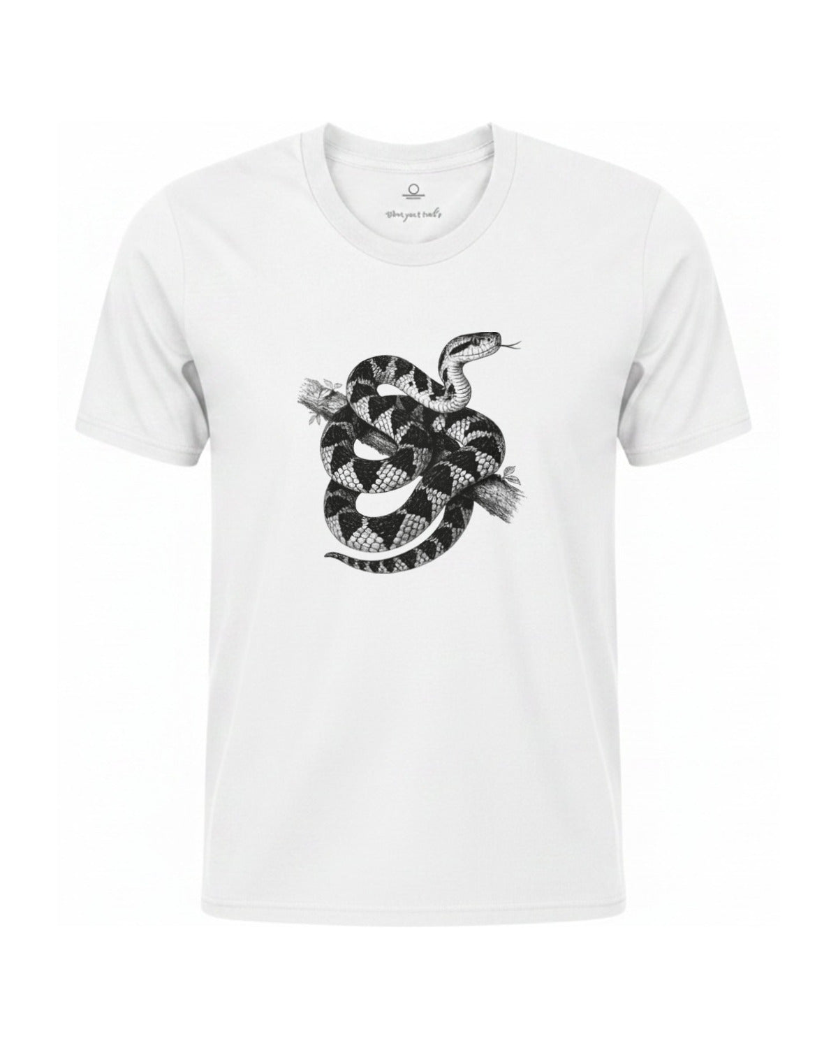 Surucucu bushmaster coiled on a branch, charcoal print on a White garment-dyed Comfort Colors tee