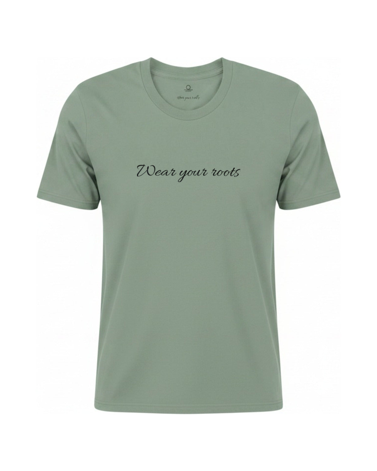 Son of Nature Wear Your Roots tee in Bay sage green, charcoal design printed on the chest, ghost-mannequin product photo on white
