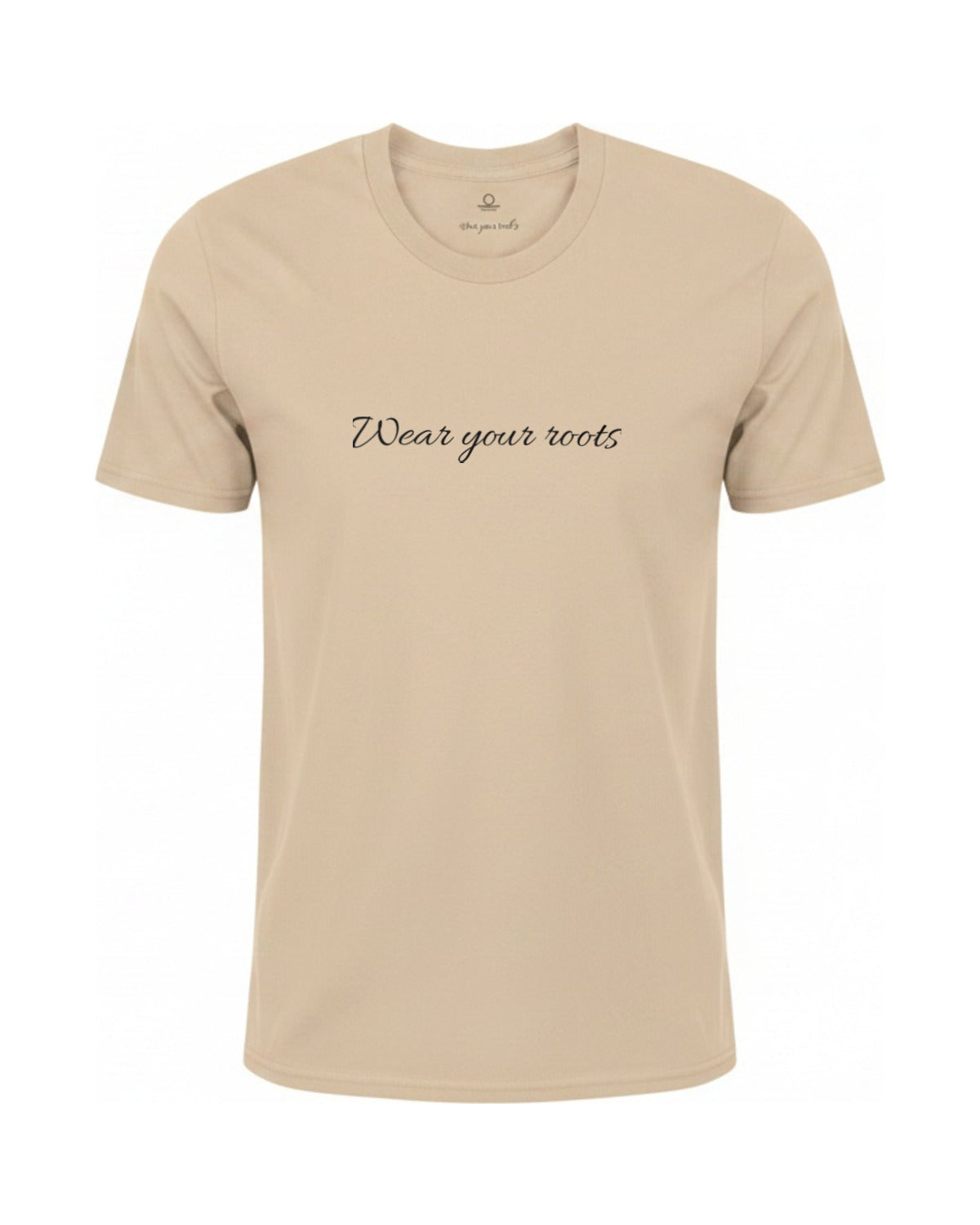 Son of Nature Wear Your Roots tee in Ivory, charcoal design printed on the chest, ghost-mannequin product photo on white