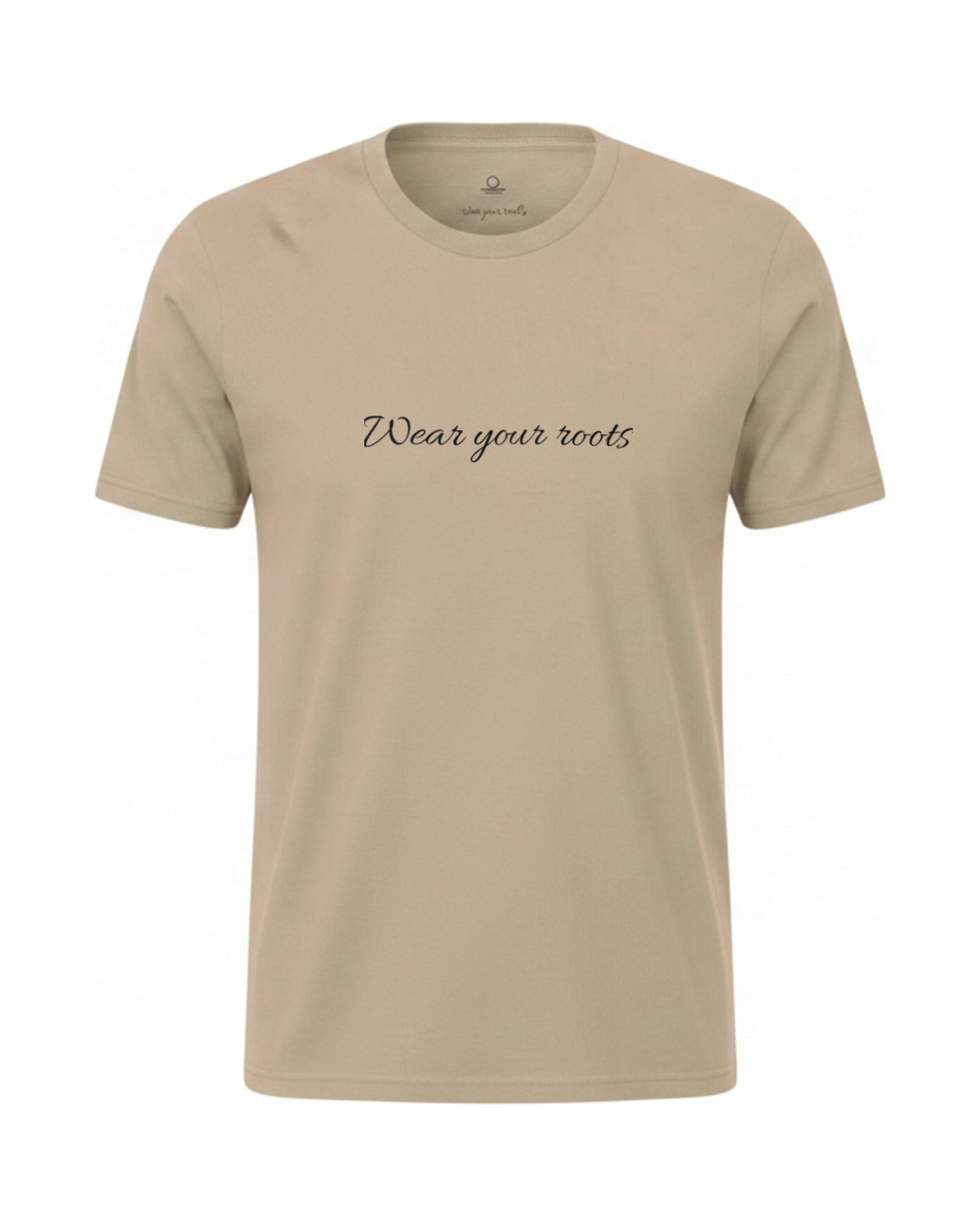 Son of Nature Wear Your Roots tee in Khaki, charcoal design printed on the chest, ghost-mannequin product photo on white