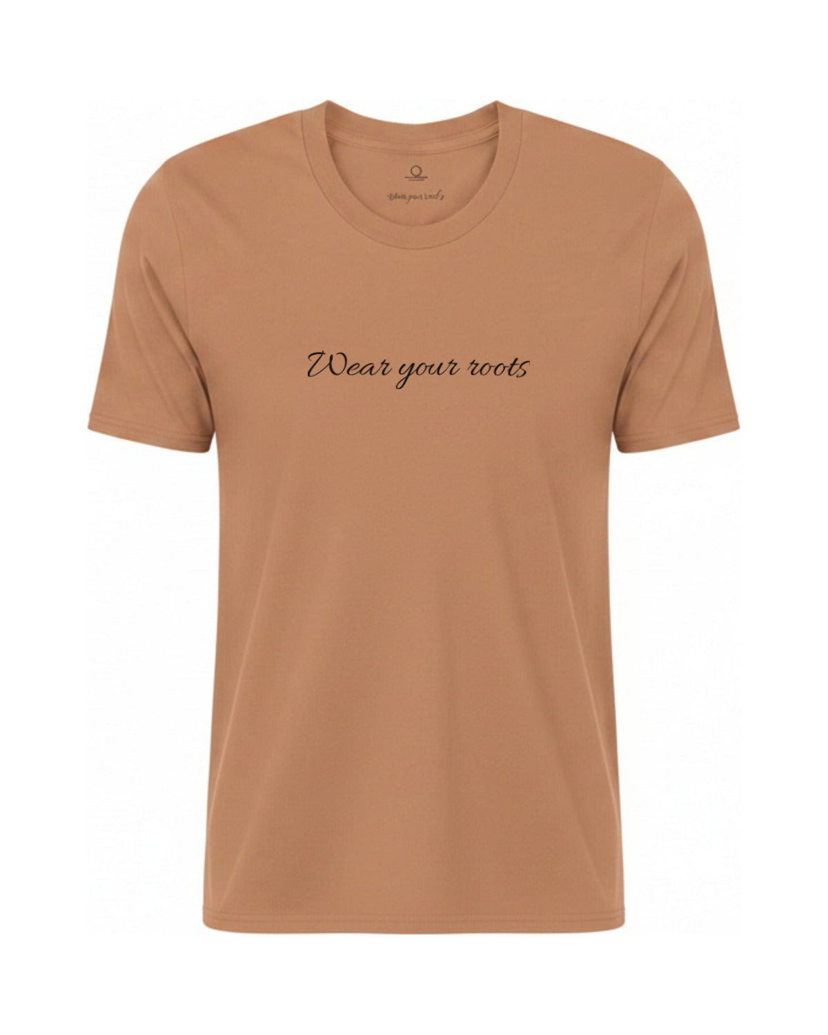 Son of Nature Wear Your Roots tee in Sandstone, charcoal design printed on the chest, ghost-mannequin product photo on white