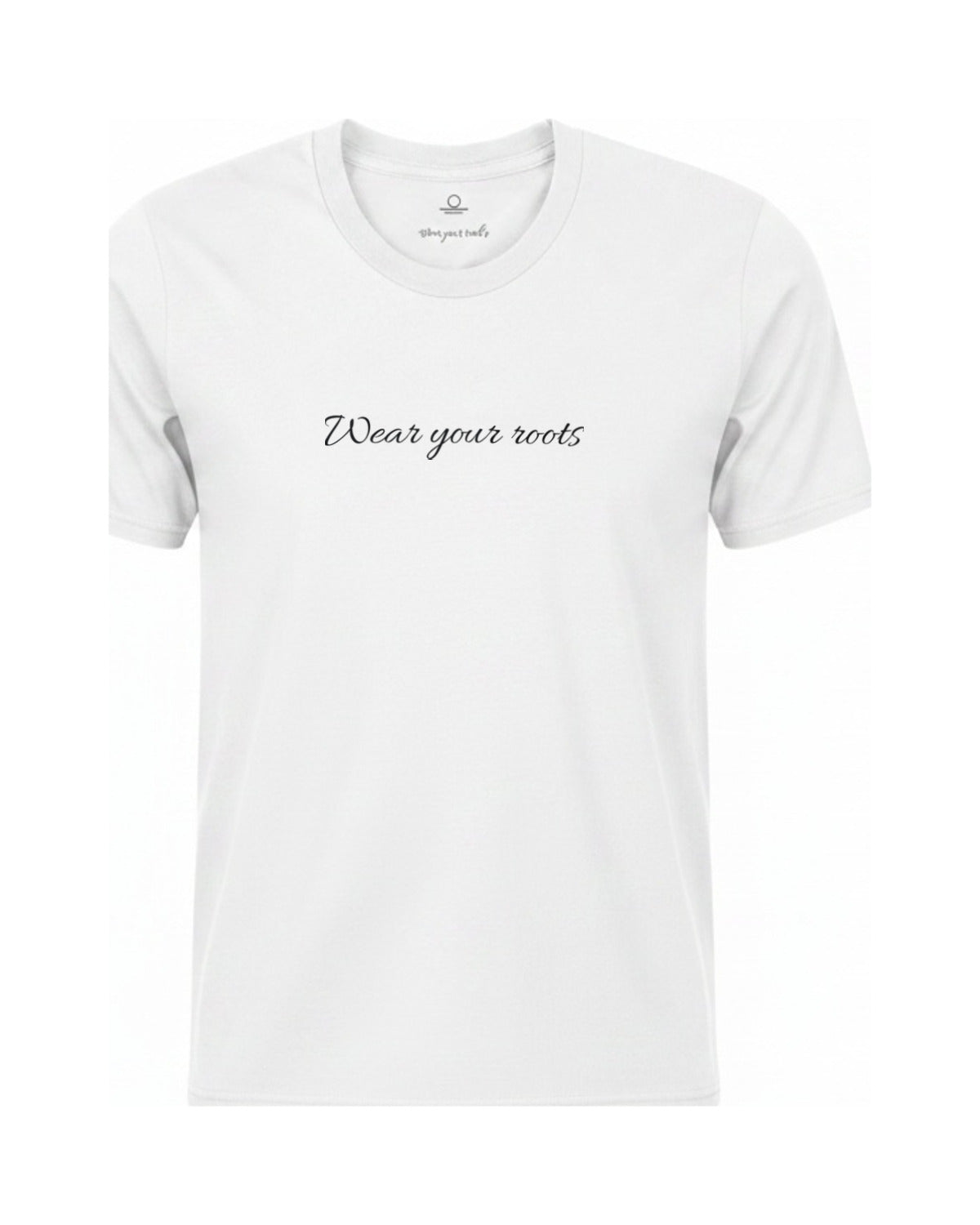 Son of Nature Wear Your Roots tee in White, charcoal design printed on the chest, ghost-mannequin product photo on white